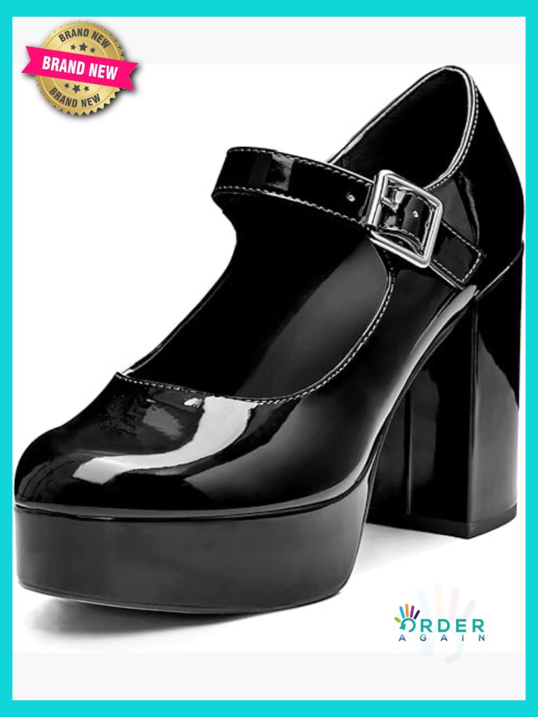 T-Strap Chunky Platform Heels Patent Mary Jane Dress Shoes Round Toe